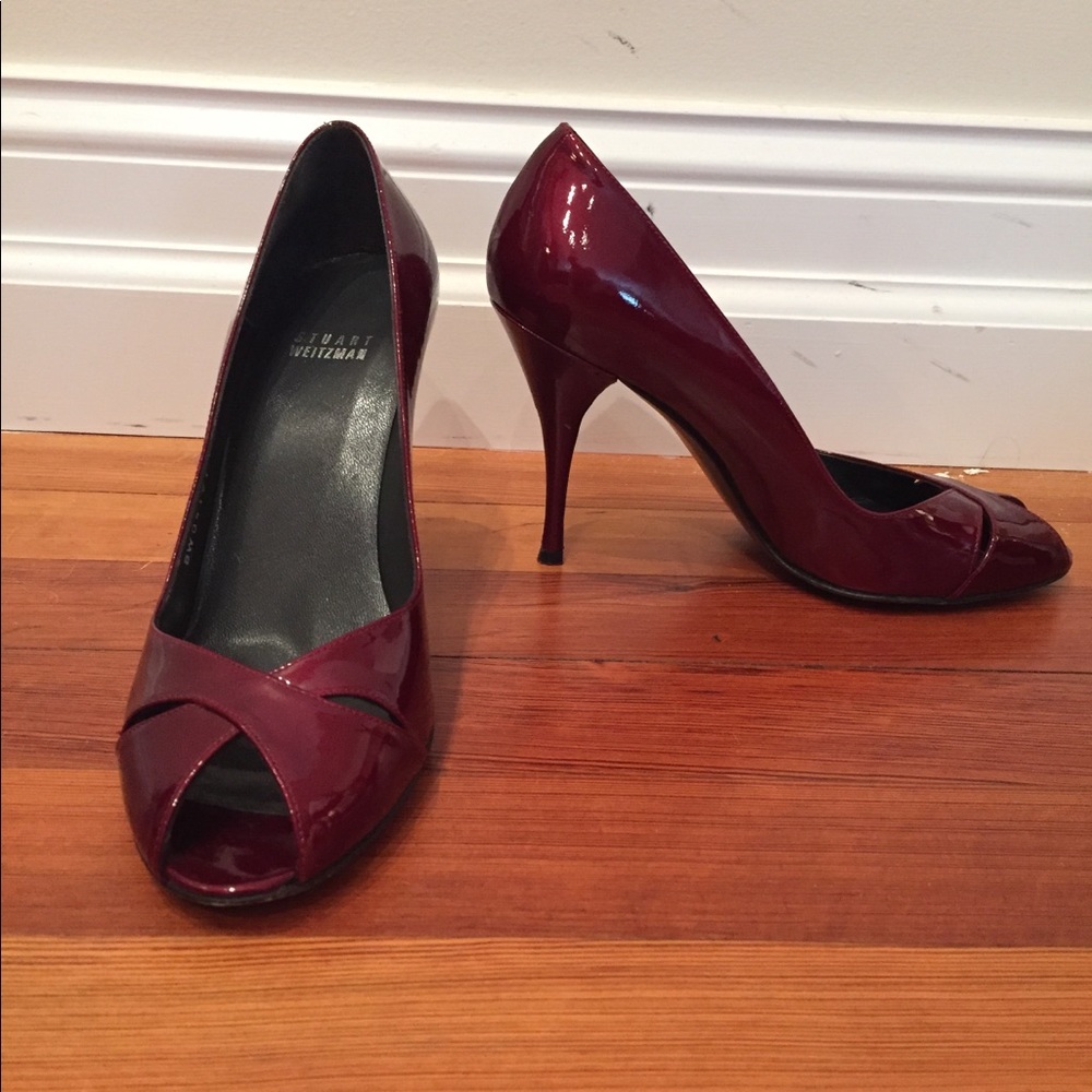 Stuart Weitzman Open Toe Patent Pumps